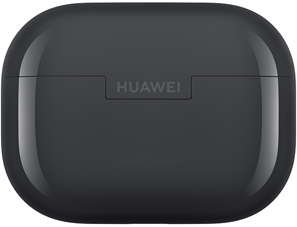 Sötétszürke, lekerekített fülhallgatótok. A HUAWEI szó a tetején van nyomtatva. A tok zárva van.