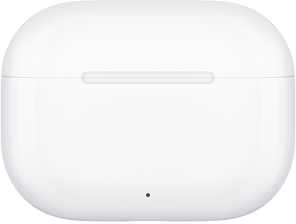 Egy fehér, lekerekített AirPods tok fedéllel és egy kis LED-jelzővel az elején.