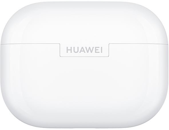 Egy fehér, lekerekített téglalap alakú tok, szürke 'HUAWEI' logóval. Valószínűleg vezeték nélküli fülhallgatók tokja, zárt és fényes.