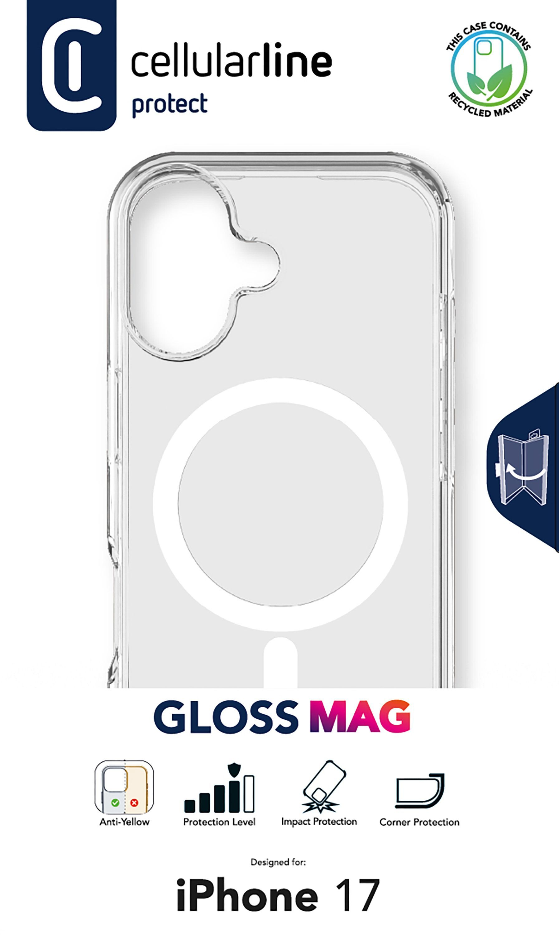 iPhone 17 için şeffaf telefon kılıfı. Sararmaya karşı, darbe koruması ve köşe koruması içerir. Gloss Mag.