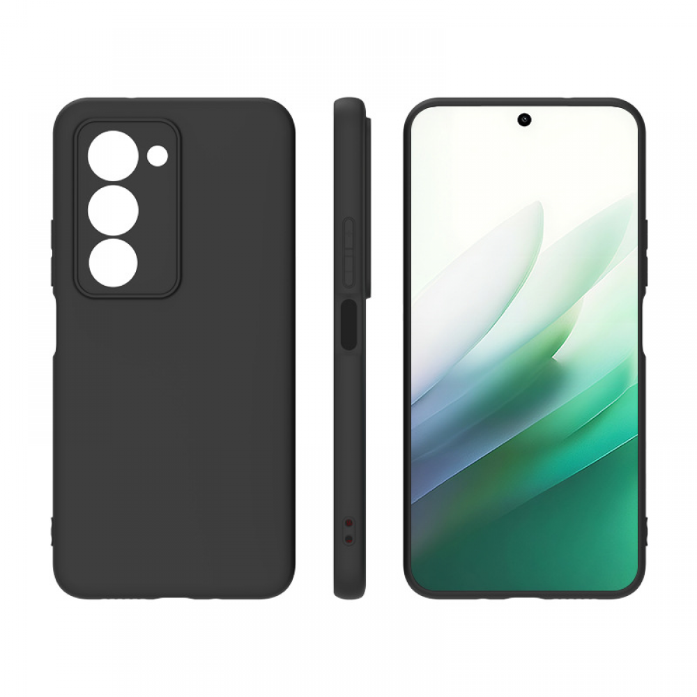 Egy fekete telefontok és egy okostelefon zöld és fehér absztrakt háttérrel. A tok balra, a telefon jobbra van.