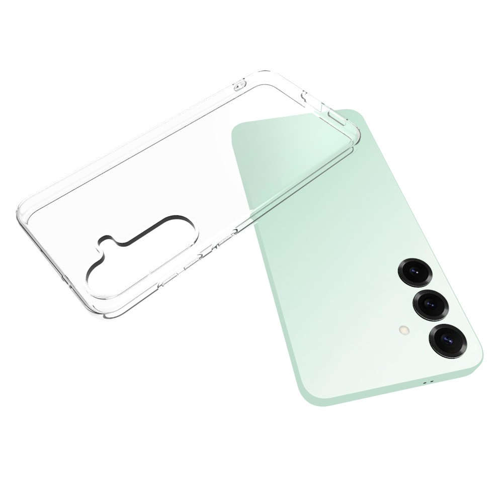 Egy átlátszó telefontok egy mentazöld telefon felett nyugszik. A telefonnak három kamerája van, a tok átlátszó.