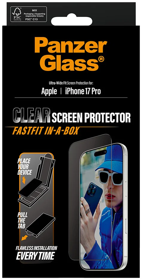 PanzerGlass-Displayschutzbox. Zeigt ein Telefon mit Displayschutzfolie. Anweisungen zum Anbringen des Protektors sind ebenfalls abgebildet.