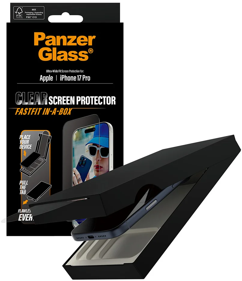 Eine PanzerGlass-Displayschutzfolienbox für das iPhone 17 Pro. Die Box ist schwarz und das Telefon wird darin angezeigt. Klare Displayschutzfolie.