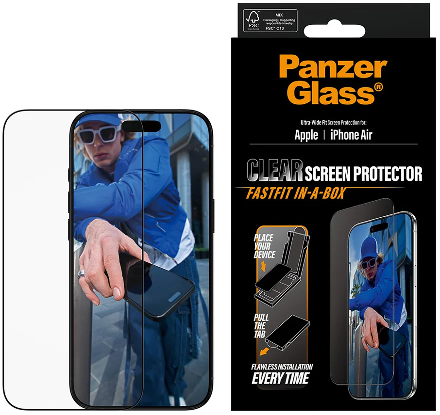 Eine Person, die ein Telefon hält, ist auf der Verpackung des Displayschutzglases abgebildet. Die Verpackung zeigt auch einen Displayschutz und Anweisungen.