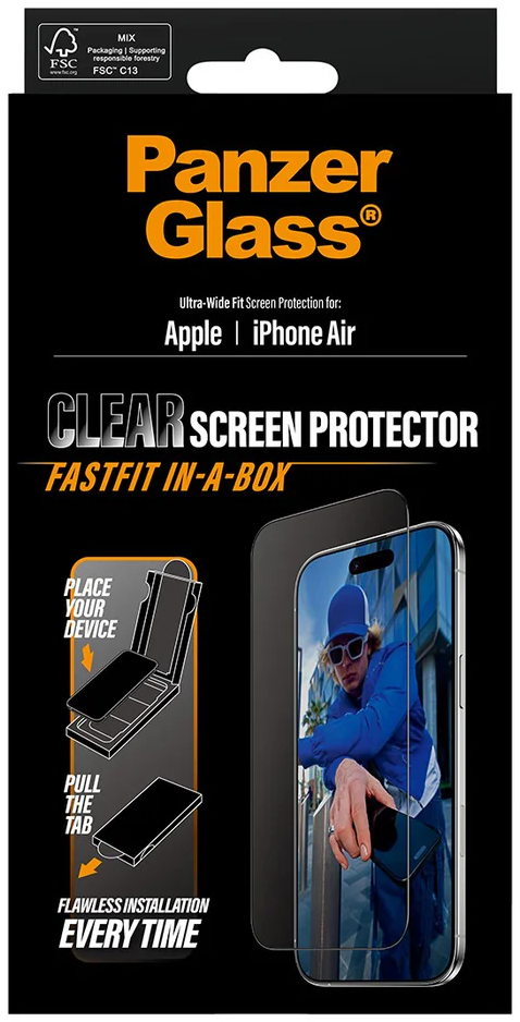 PanzerGlass Displayschutzfolienbox. Zeigt ein Telefon mit angebrachter Folie, eine Person und Installationsschritte.