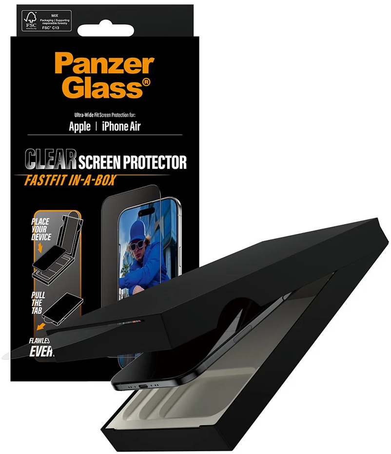 Schwarze Box mit Panzerglas-Displayschutz für iPhone Air. Zeigt Telefon, Paketdetails und Anweisungen.