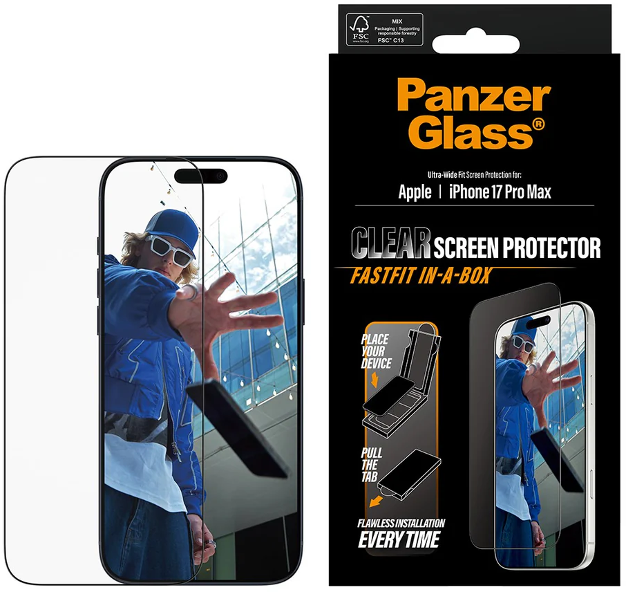 Eine Person mit Sonnenbrille hält ein Telefon, ein Displayschutz und eine Panzer Glass Box sind abgebildet.