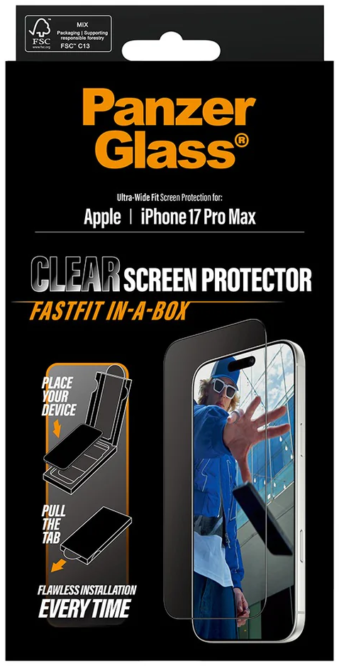 PanzerGlass Displayschutzbox. Zeigt ein iPhone mit einer Person, die sich darin spiegelt, und Installationsanweisungen.