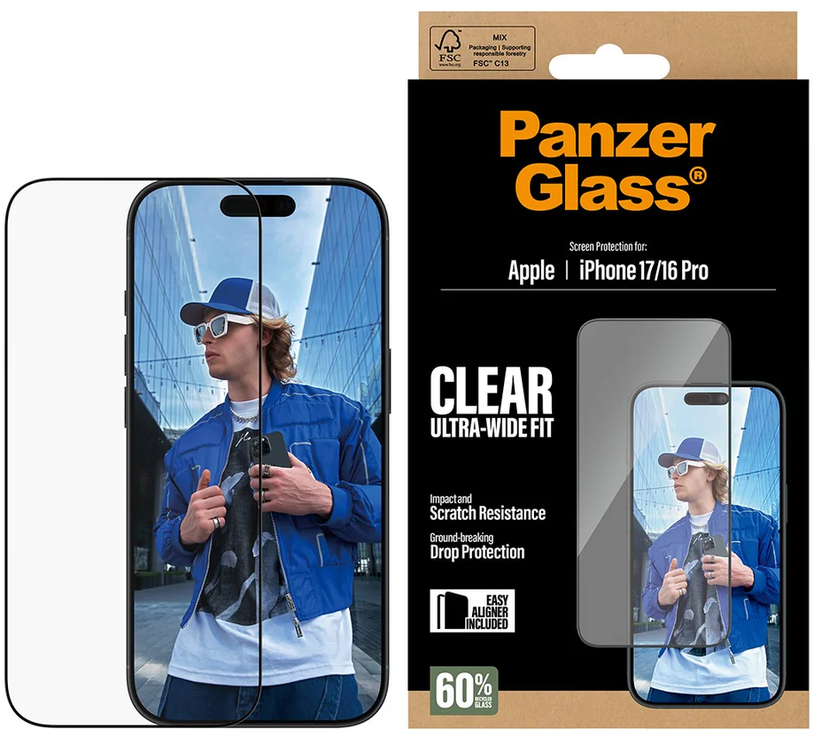 Eine Telefon-Displayschutzfolienbox mit einem Bild eines Mannes in einer blauen Jacke, der ein Telefon hält, befindet sich links.