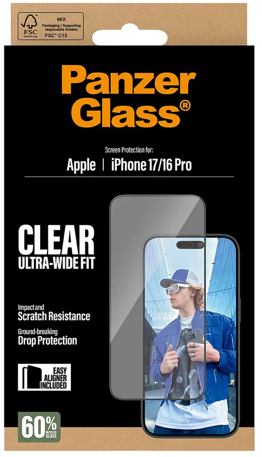 Schachtel mit PanzerGlass-Displayschutz für das iPhone. Merkmale sind Stoß- und Kratzfestigkeit, Sturzschutz. Ein Mann modelliert das Telefon.