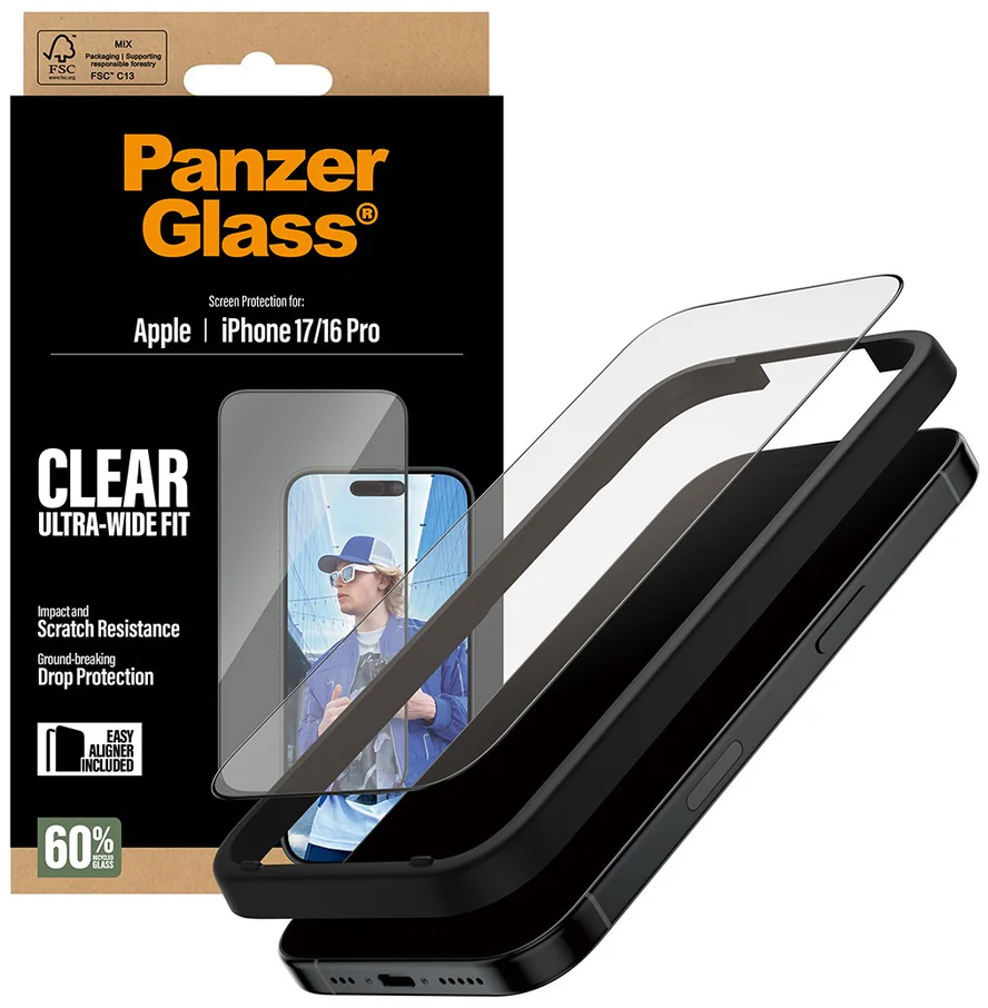 Produktaufnahme des PanzerGlass-Displayschutz für iPhone 17/16 Pro. Zeigt den Schutz, das Telefon und die Verpackung. Klar, ultraweit.