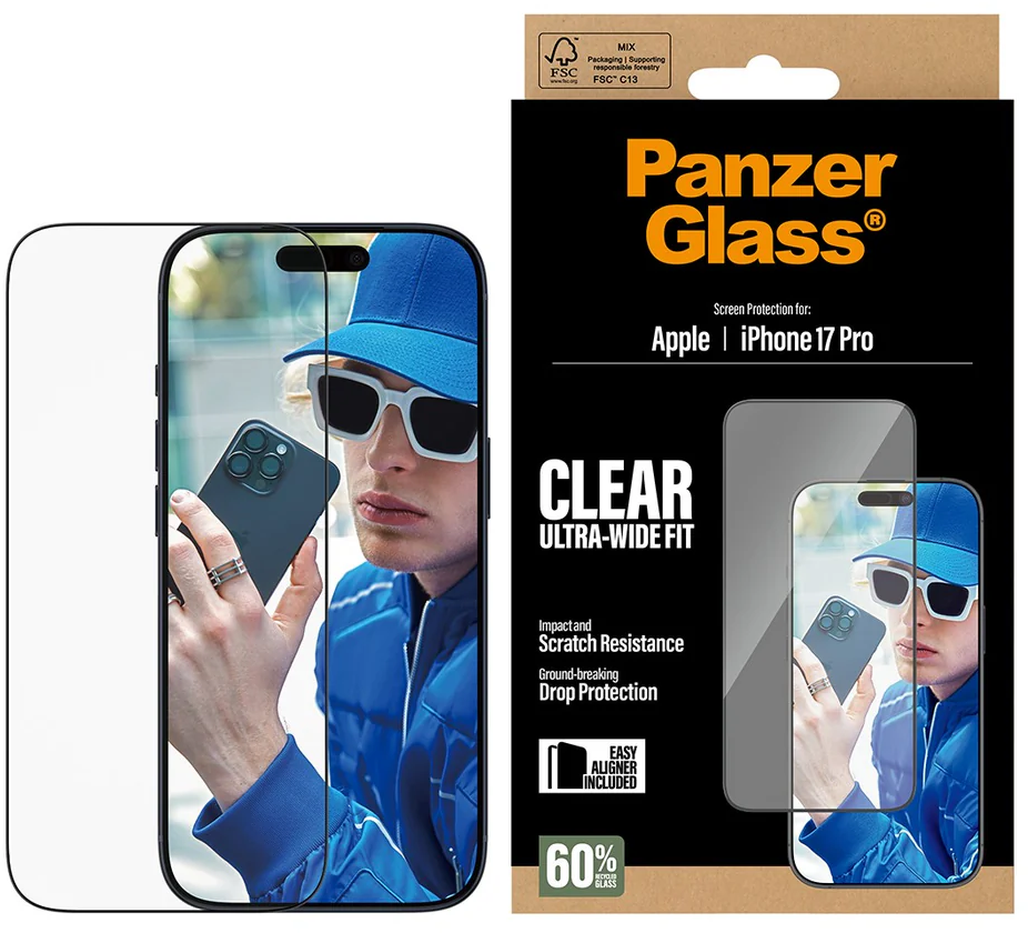 Eine Handy-Displayschutzfolien-Schachtel mit einem Mann, der ein Telefon hält, eine blaue Jacke, Hut und weiße Sonnenbrille trägt.