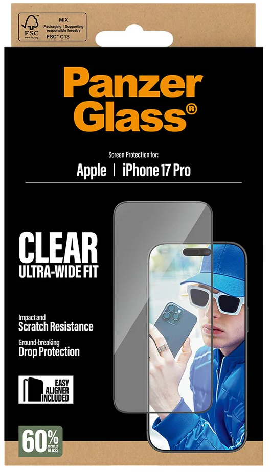 Eine Handy-Displayschutzfolienbox. Sie zeigt ein iPhone und einen Mann mit Sonnenbrille und blauem Hut, der das Handy hält.