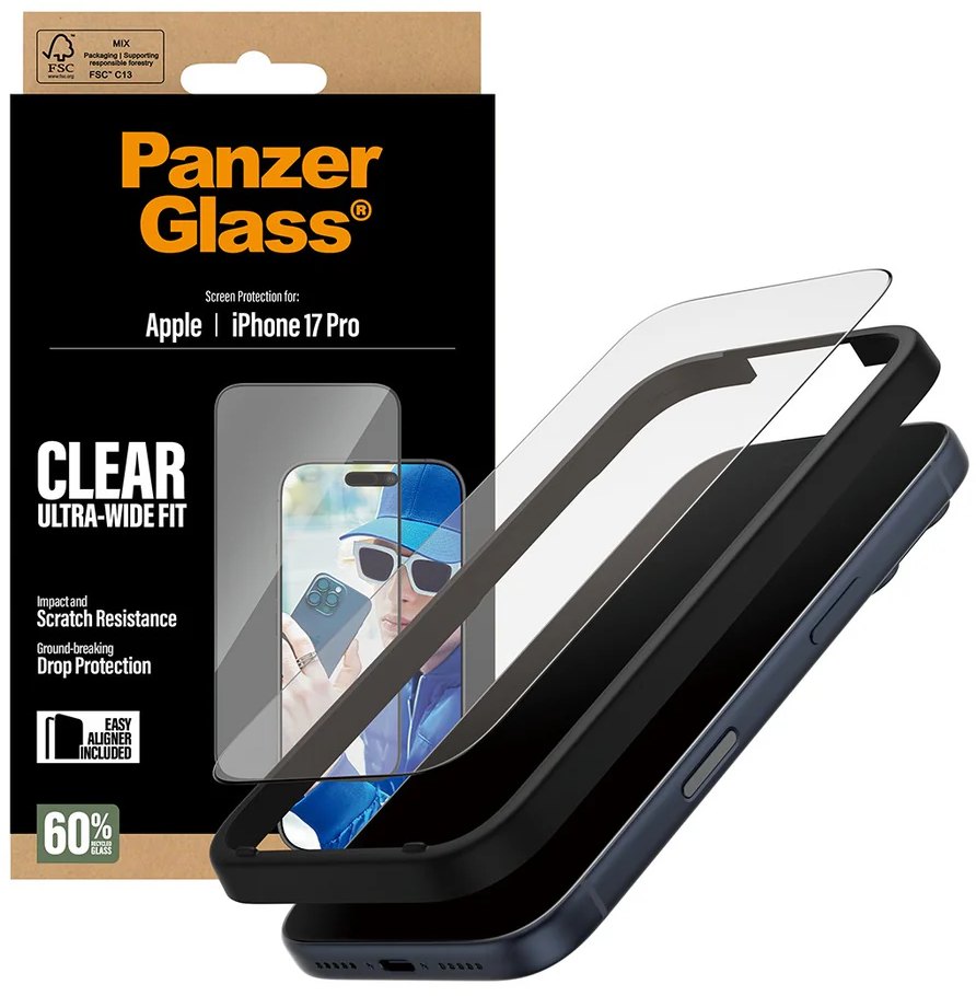 Eine Telefon-Displayschutzfolienbox und ein Displayschutzfolien-Kit. Die Box hat das Panzer Glass-Logo und ein Telefonbild. Das Kit enthält eine Telefonhülle.
