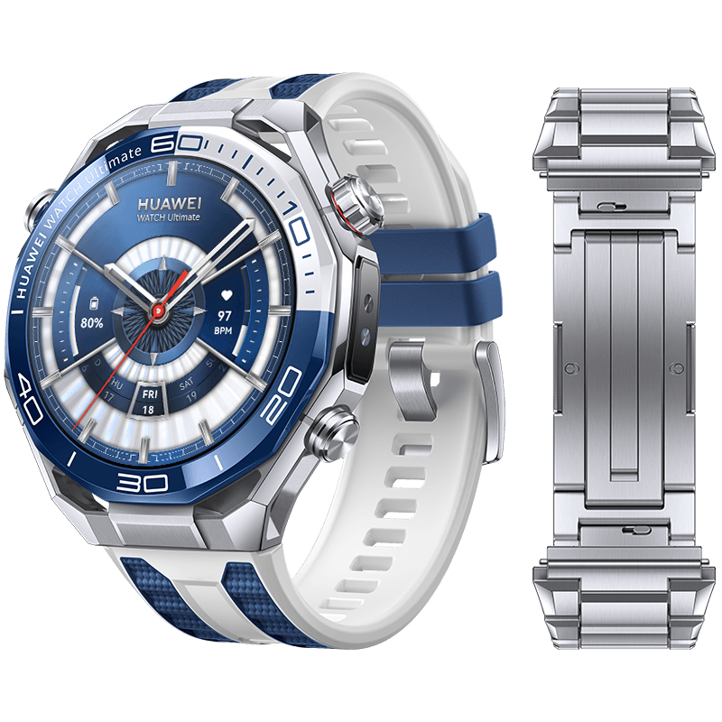 Zegarek Huawei Watch Ultimate w kolorze srebrnym, niebieskim i białym z pasującym metalowym zapięciem. Tarcza zegarka wyświetla dane, z niebieską i białą tarczą.