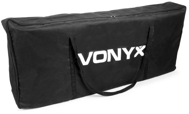 Un sac noir avec le texte blanc 'VONYX'. Il a une fermeture éclair et des poignées. Le fond est blanc uni.