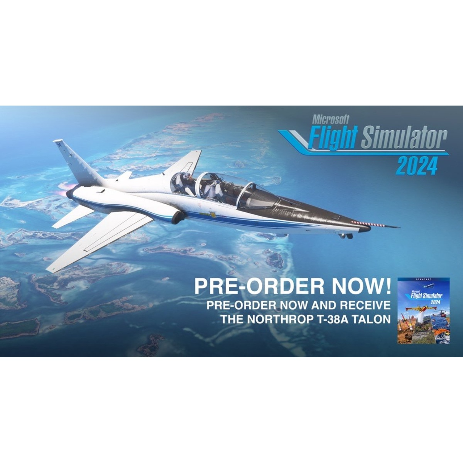 Een wit straalvliegtuig vliegt over blauw water. De tekst zegt 'Microsoft Flight Simulator 2024' en 'Pre-order nu!'