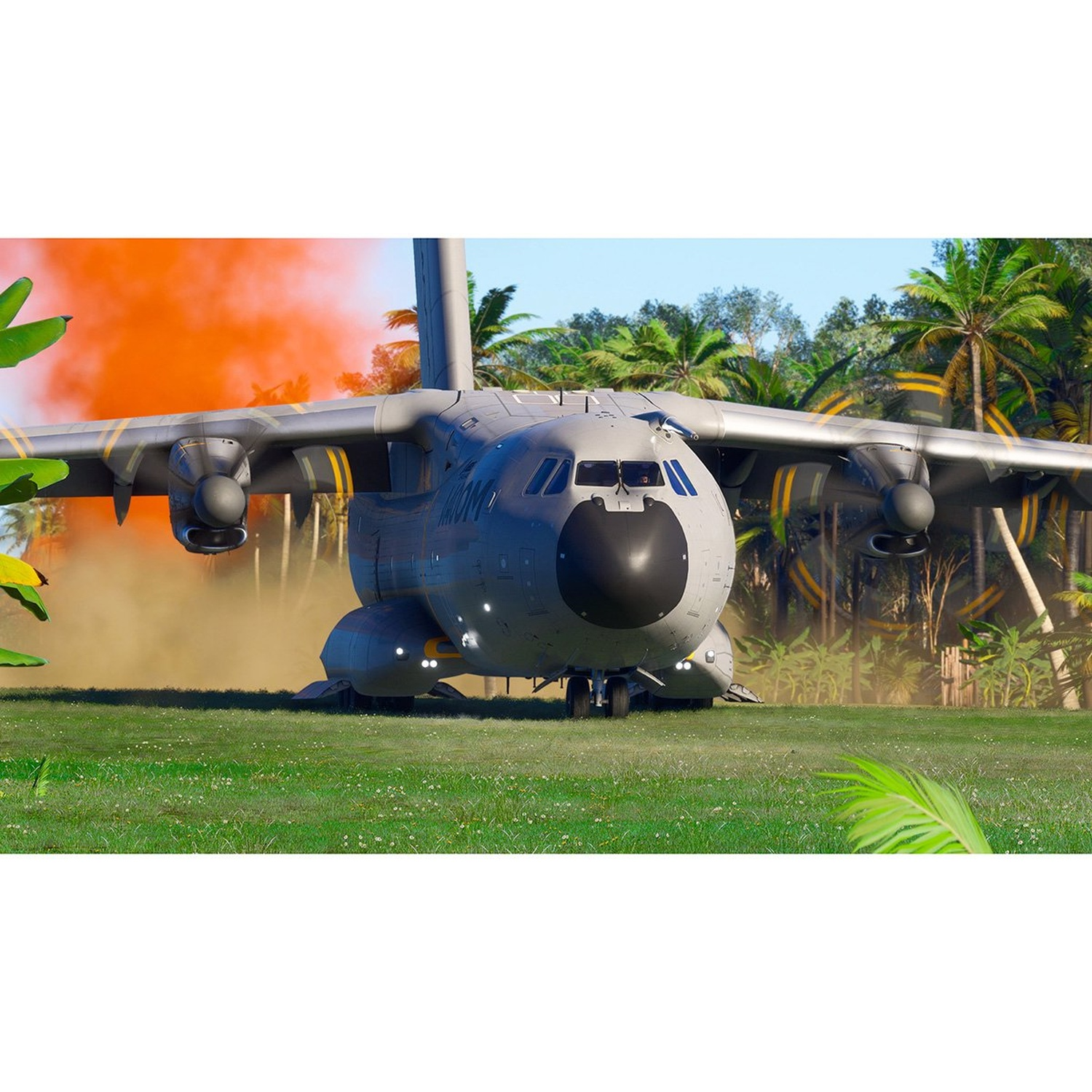 Groot grijs militair vliegtuig op een grasveld, oranje rook op de achtergrond, palmbomen en blauwe lucht. De neus van het vliegtuig is zwart.