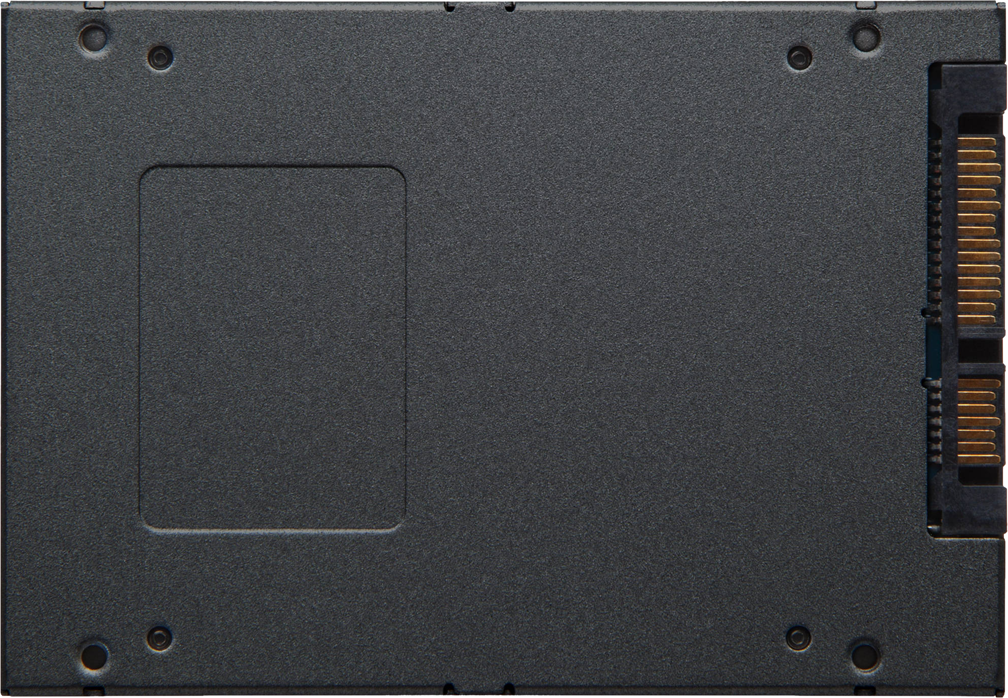 Eine schwarze SSD mit Steckstiften rechts. Schrauben sind an den Ecken sichtbar. Ein Rechteck befindet sich links.