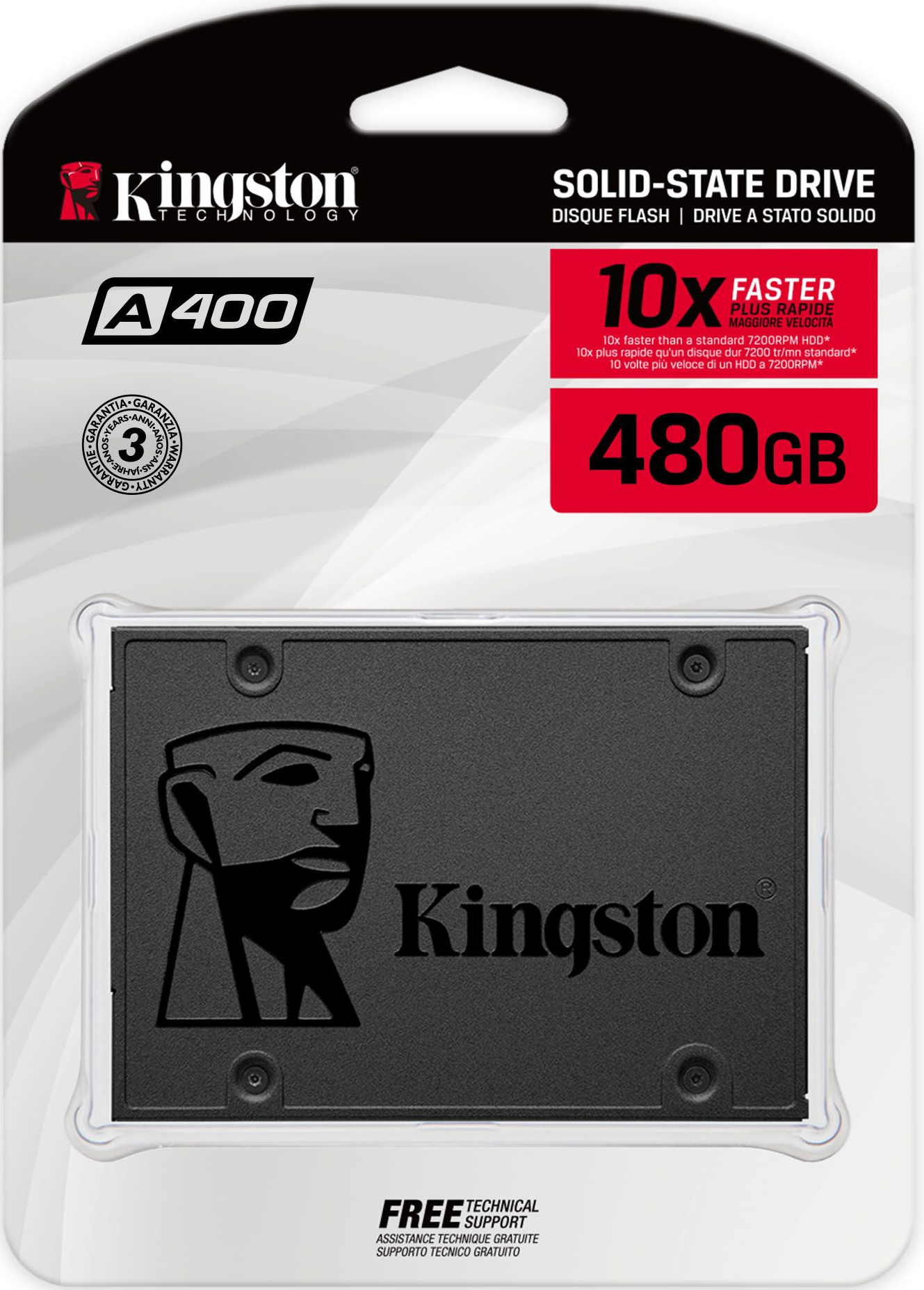 Eine schwarze Kingston A400 480GB SSD in einer Kunststoffverpackung. Die Verpackung hat roten und schwarzen Text. Es steht '10X FASTER'.