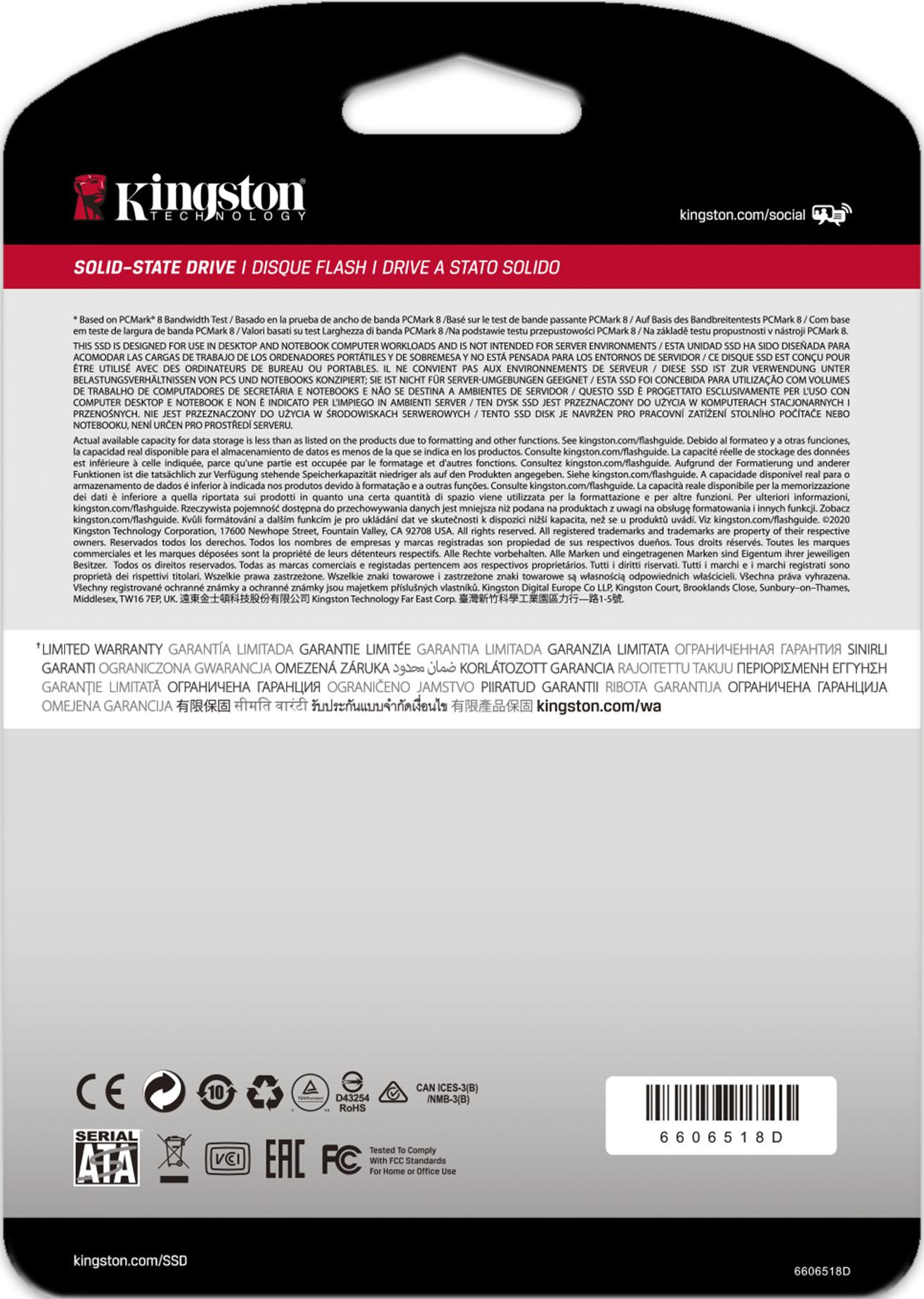 Kingston SSD-Produktverpackung. Die Verpackung ist schwarz-weiß, mit Text und Logos.