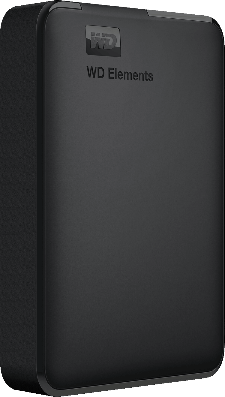 Un disque dur externe WD Elements noir. Il a un côté texturé, une face avant lisse avec le logo et le texte WD.