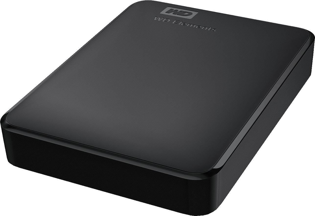 Un disque dur externe WD Elements noir, de forme rectangulaire avec des coins arrondis, sur fond noir. La marque est visible.