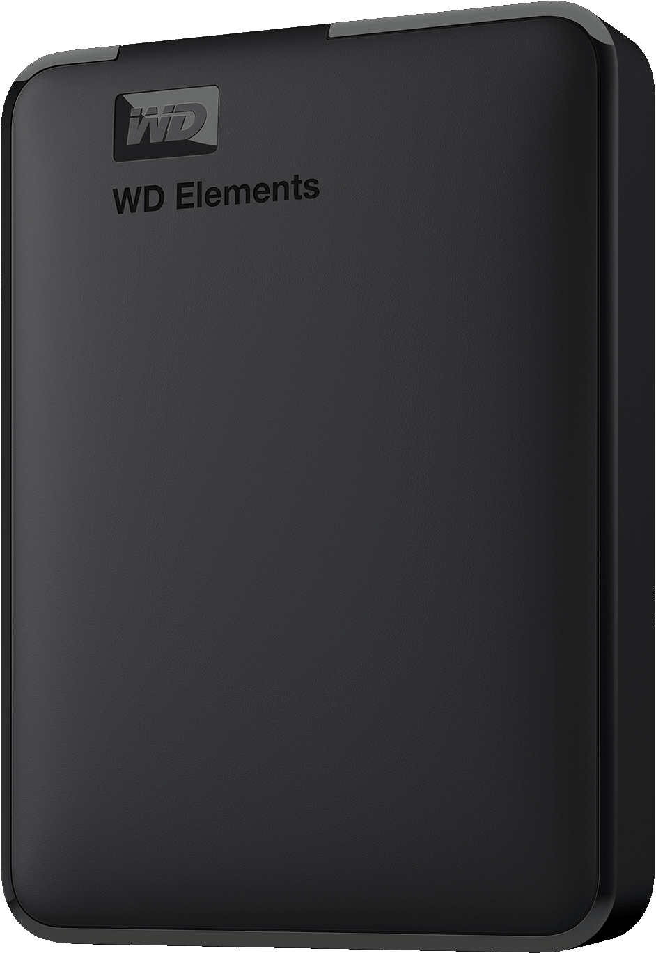 Un disque dur externe WD Elements noir. Il porte le logo WD et l'inscription 'WD Elements' imprimée sur sa surface.