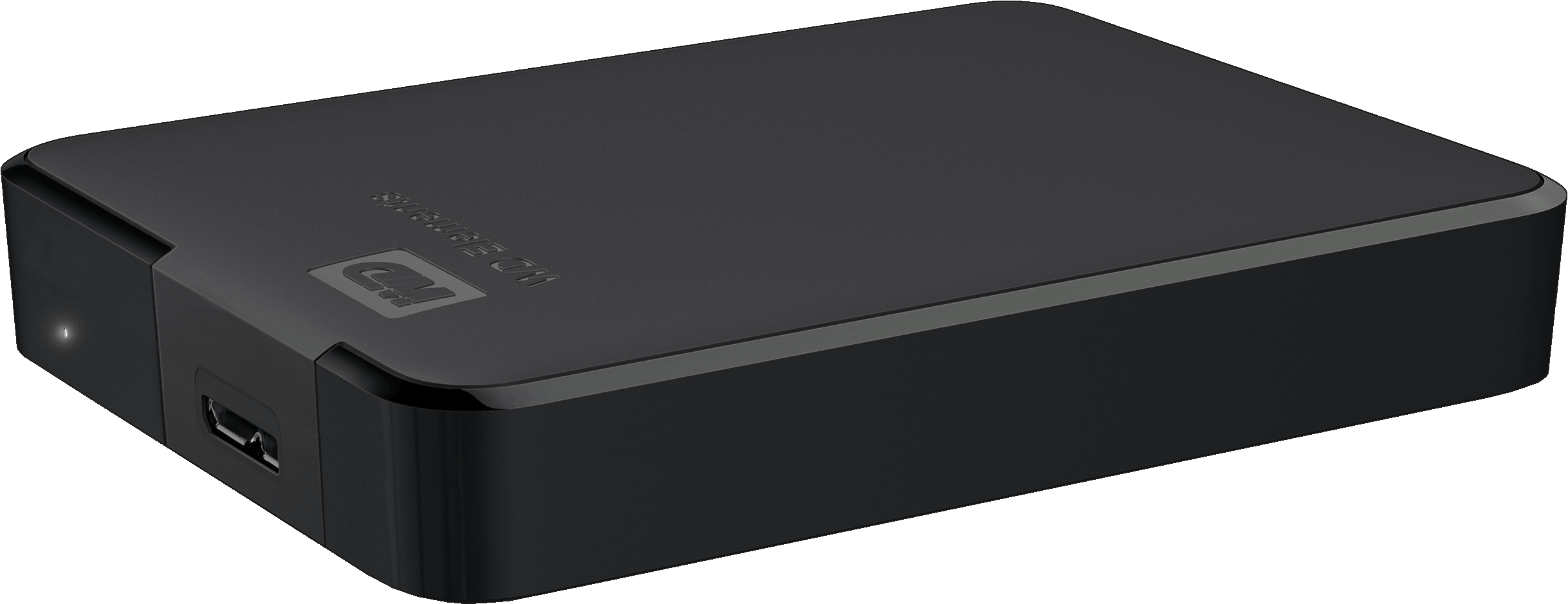 Un disque dur externe noir avec le logo WD. Il possède un port USB et une petite lumière. Le fond est noir.