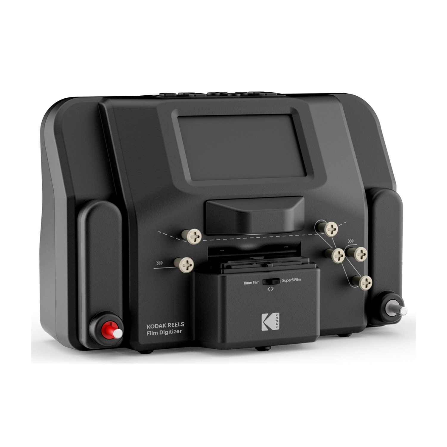 Digitalizzatore di film Kodak nero. Ha uno schermo, pulsanti e guide per film. Sul fronte c'è scritto: Kodak Reels Film Digitizer.