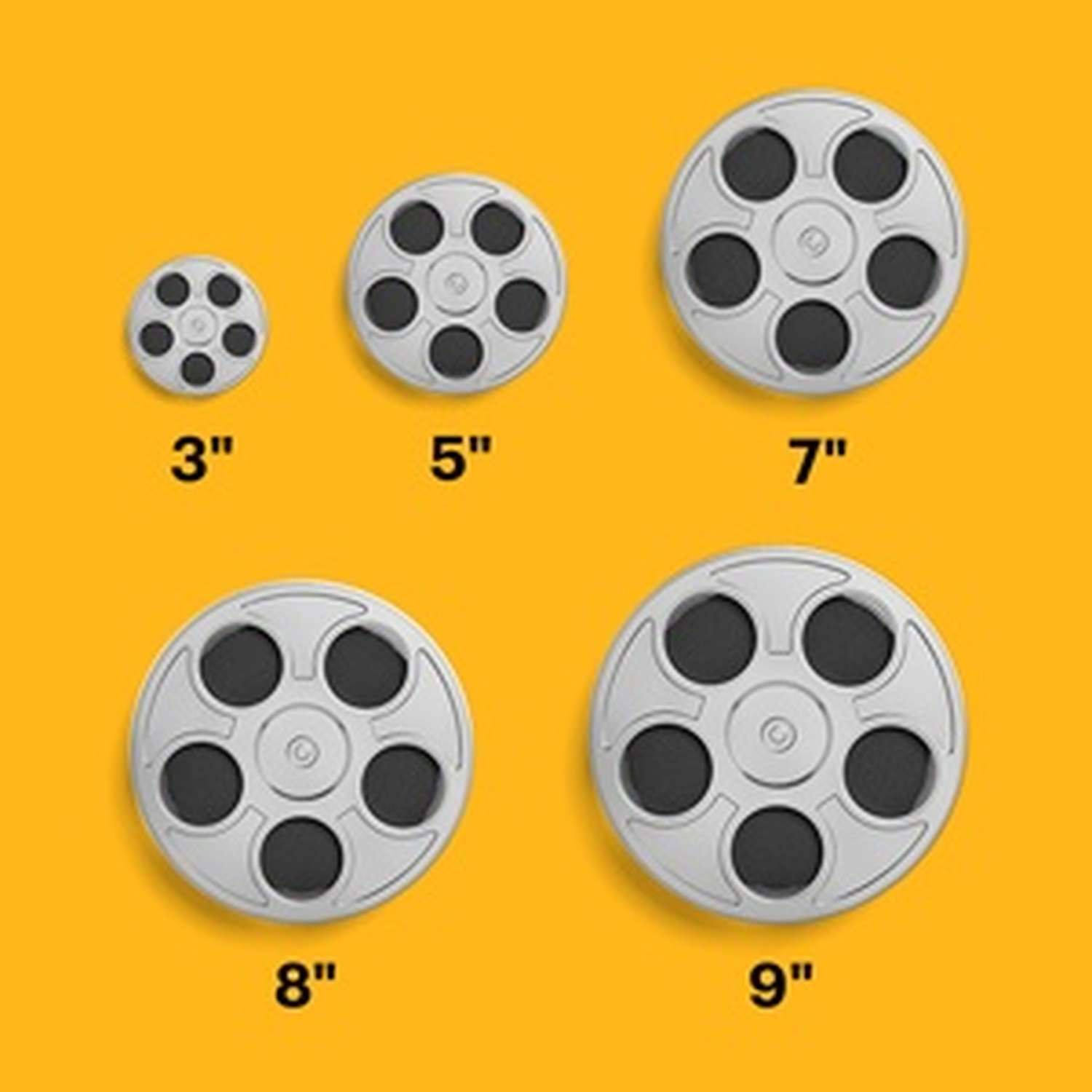 L'immagine mostra cinque oggetti a forma di bobina di film di diverse dimensioni, etichettati come 3", 5", 7", 8" e 9". Tutti sono grigi con cerchi interni neri, su sfondo giallo.