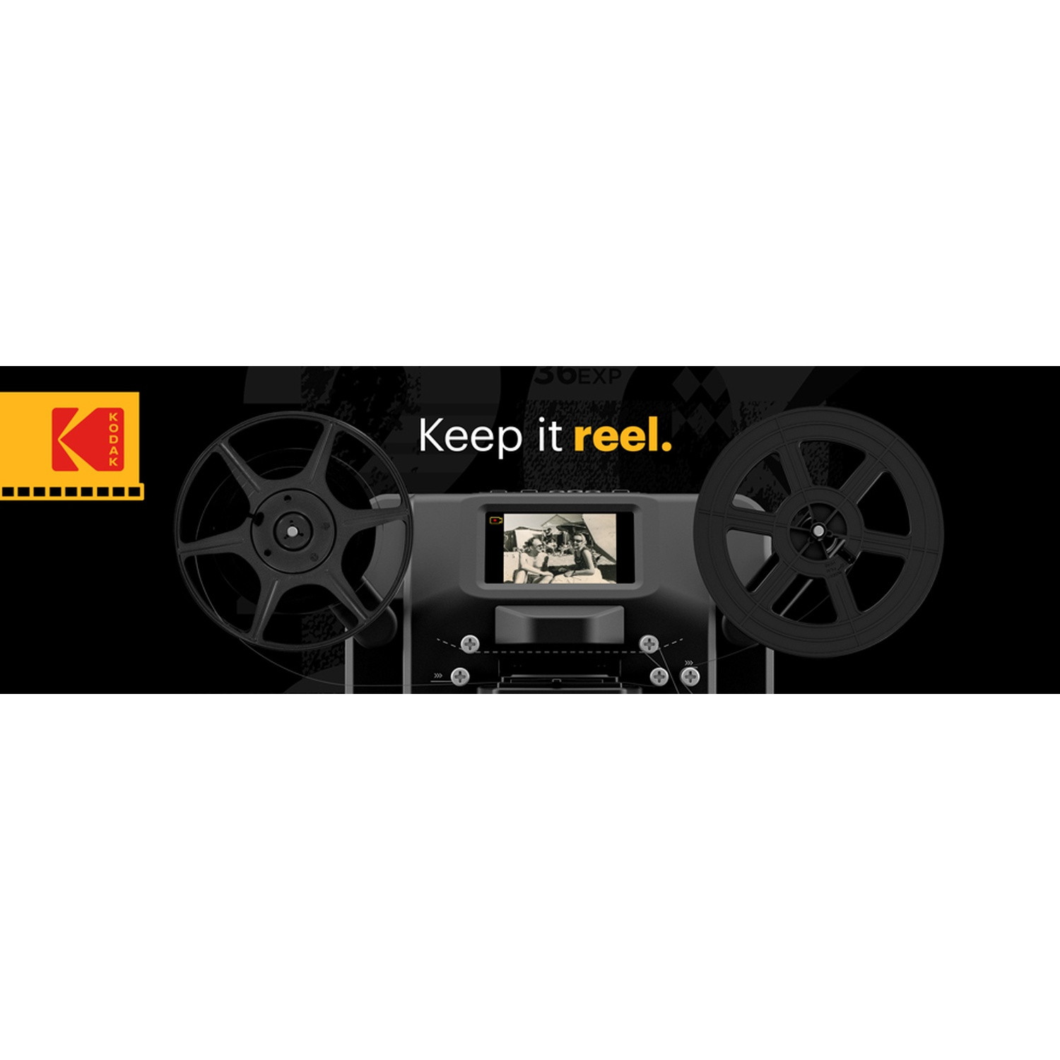 Pubblicità Kodak. Bobine di film affiancano un dispositivo che mostra un film vintage. Il testo dice: Keep it reel.