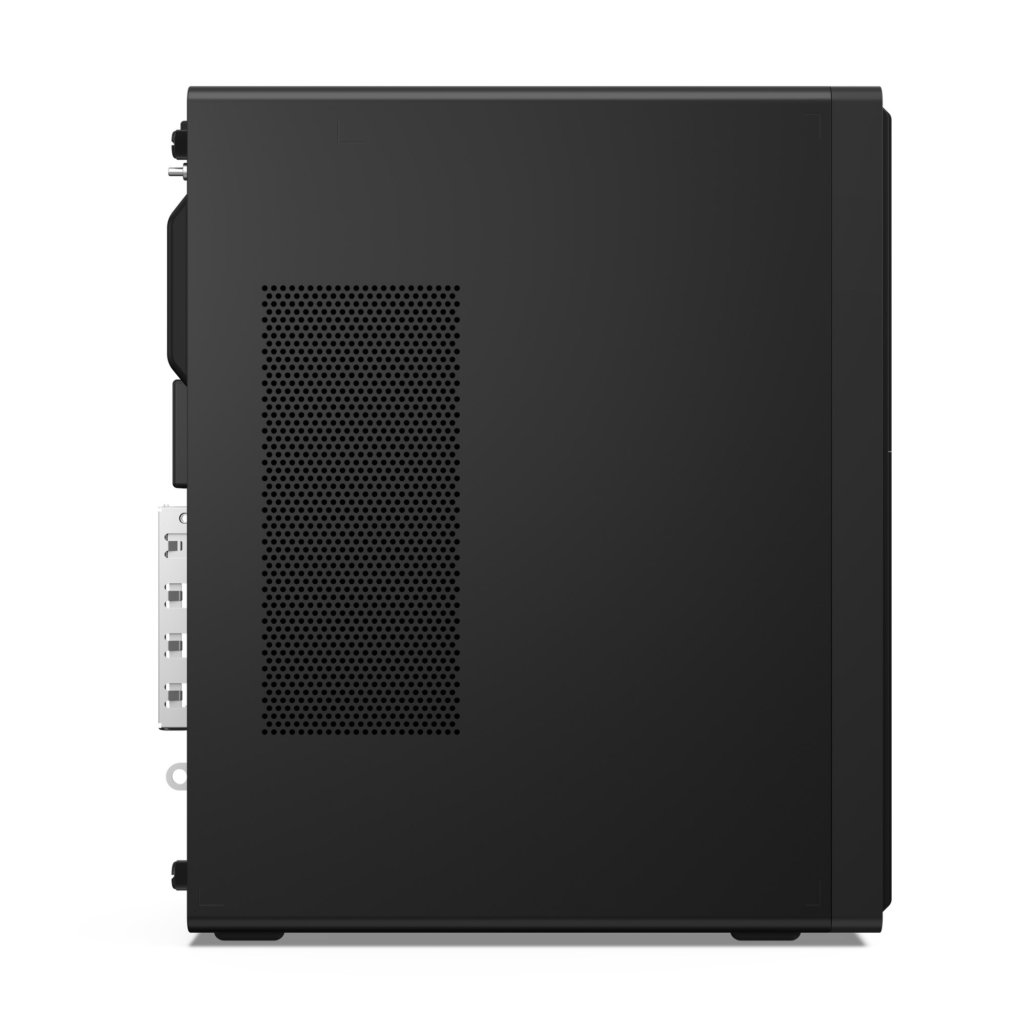 Ein schwarzer Computerturm von der Seite. Er hat eine perforierte Seitenwand zur Belüftung.