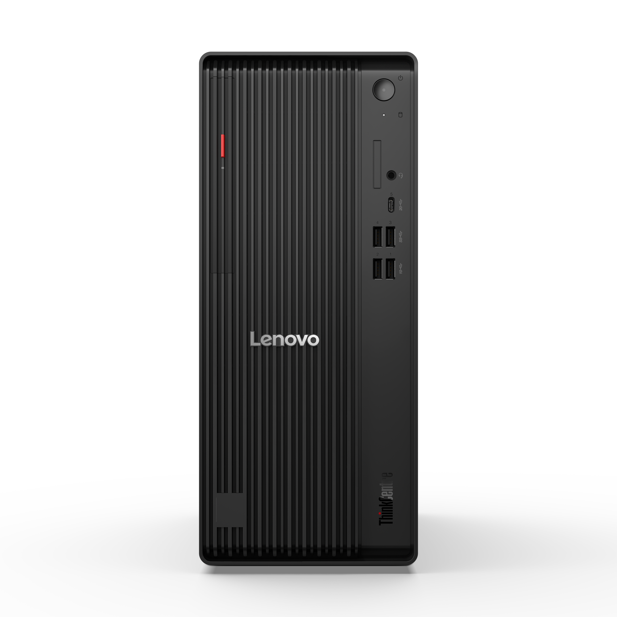 Ein schwarzer Lenovo ThinkCentre-Desktop-Computer. Er hat ein vertikales Design mit Anschlüssen und dem Lenovo-Logo.