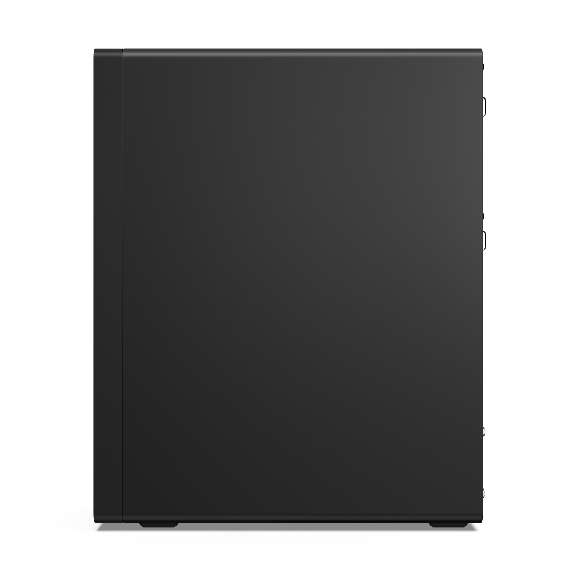 Ein schwarzes Desktop-Computergehäuse. Die Seitenansicht zeigt eine rechteckige Box mit glatter, matter Oberfläche.