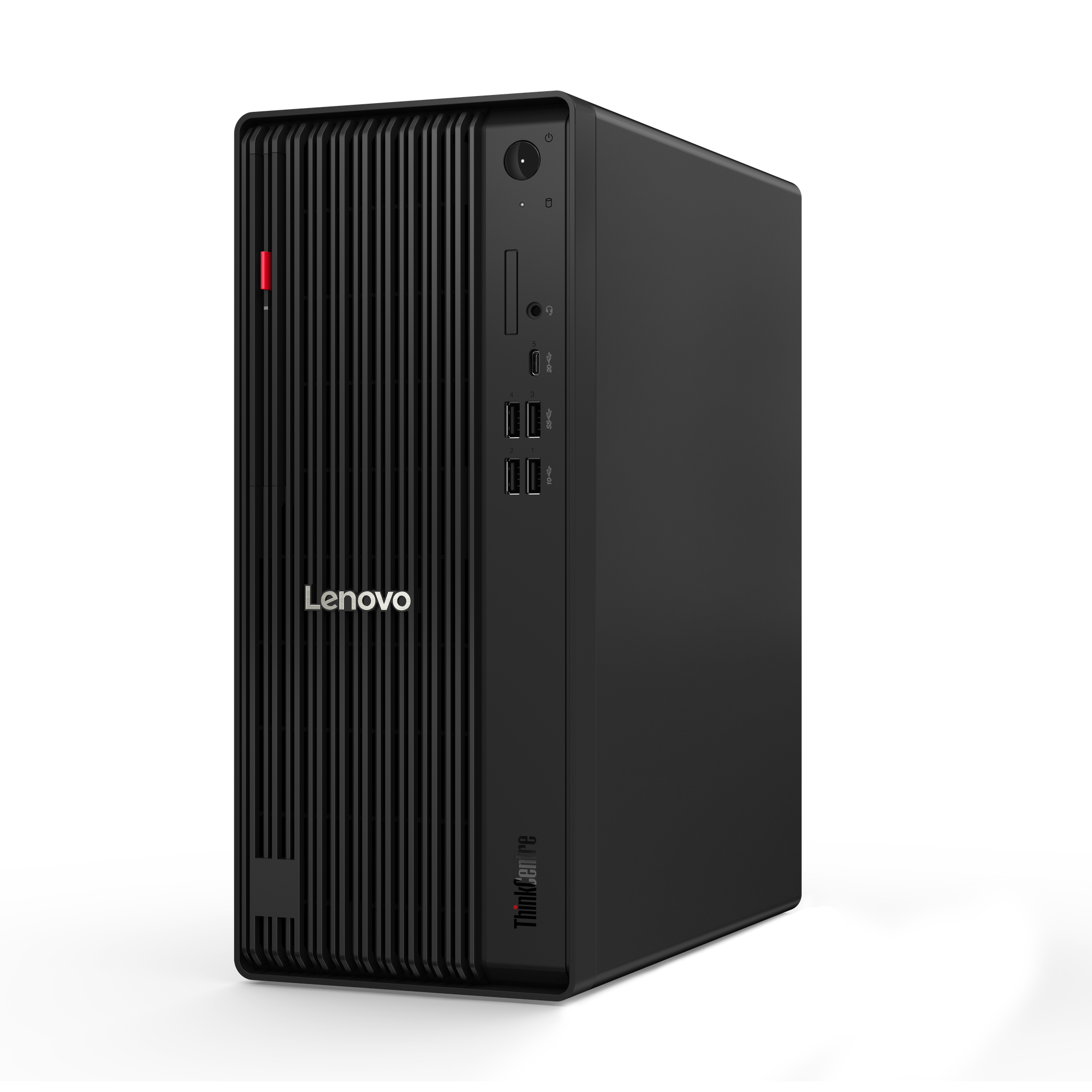 Schwarzer Lenovo ThinkCentre Desktop-Computer. Er hat vertikale Linien auf der Vorderseite. Lenovo-Logo sichtbar.