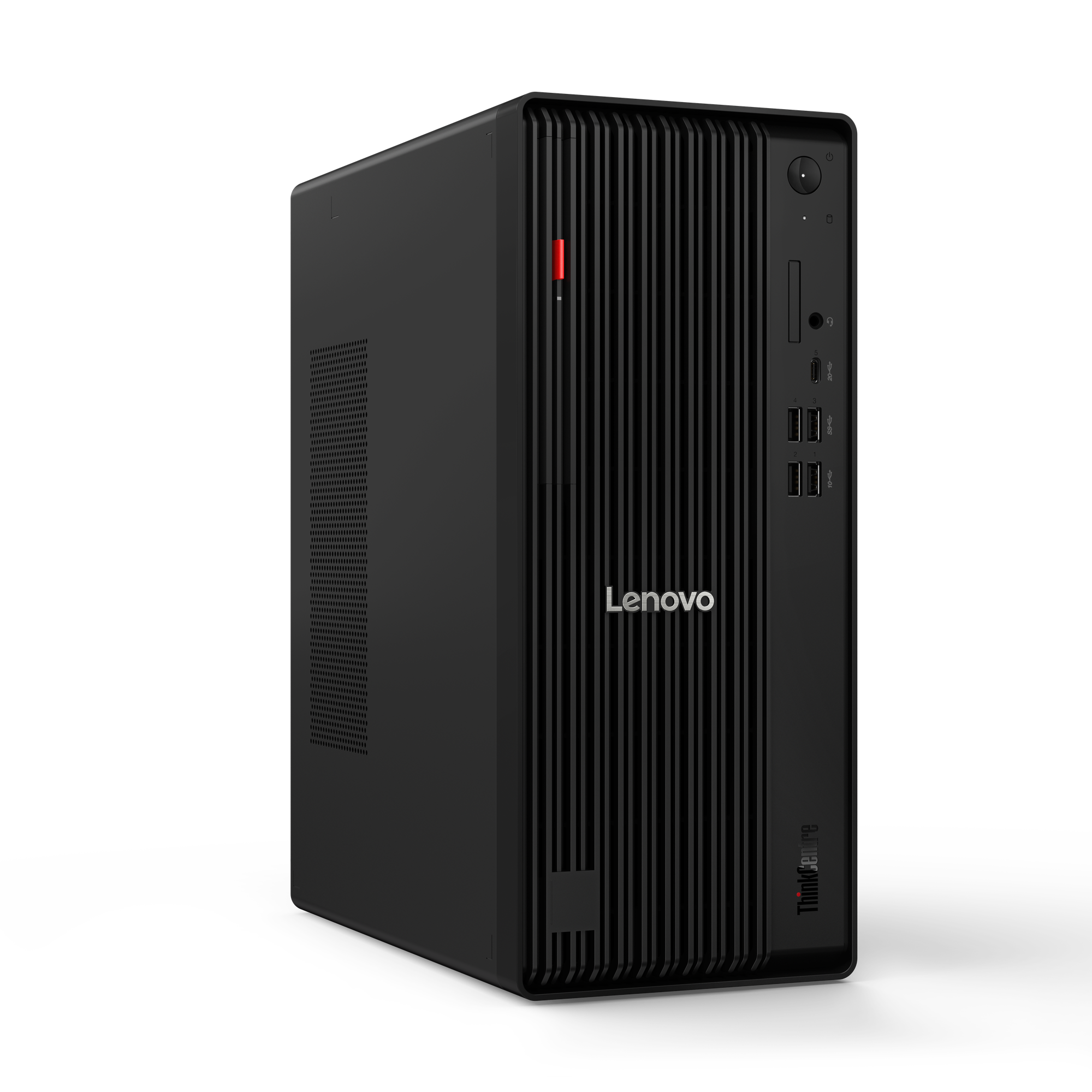 Schwarzer Lenovo ThinkCentre Desktop-Computer auf schwarzem Hintergrund. Es hat einen roten Einschaltknopf und ein Lenovo-Logo.