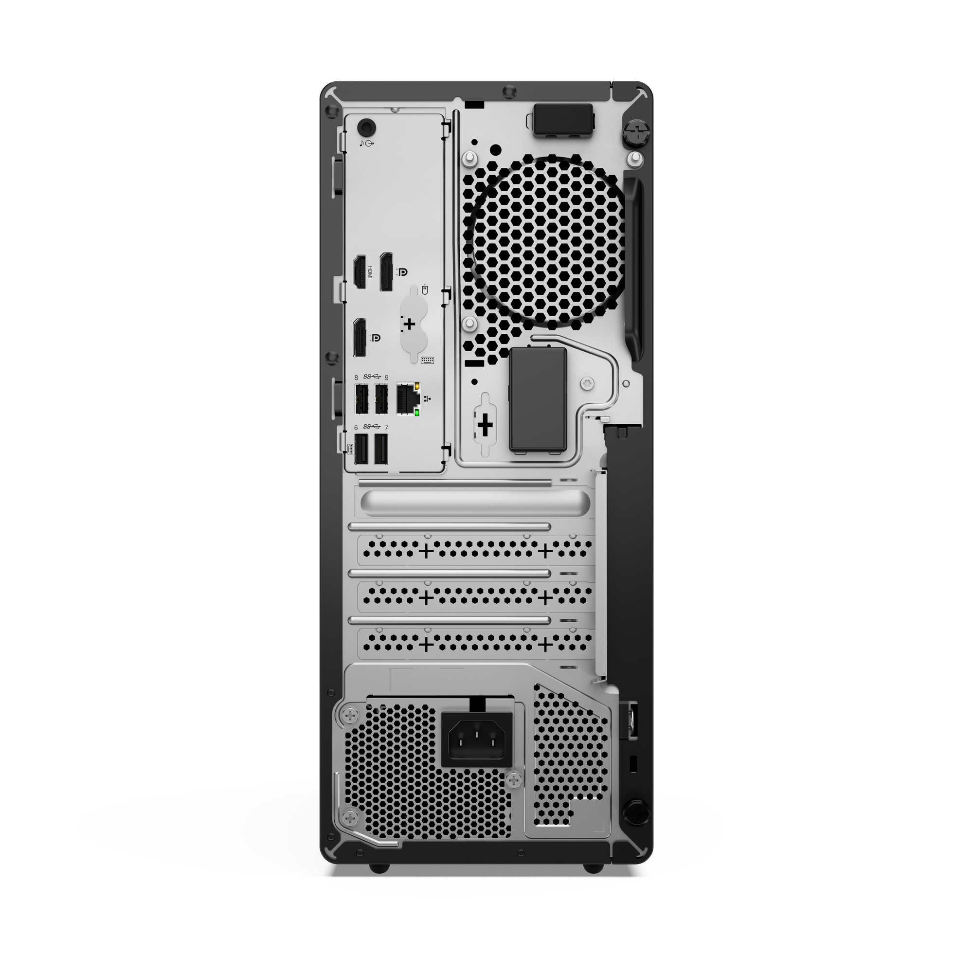Rückseite eines Computerturms mit Anschlüssen, einem Lüfter und einem Stromeingang. Silber- und Schwarztöne dominieren.