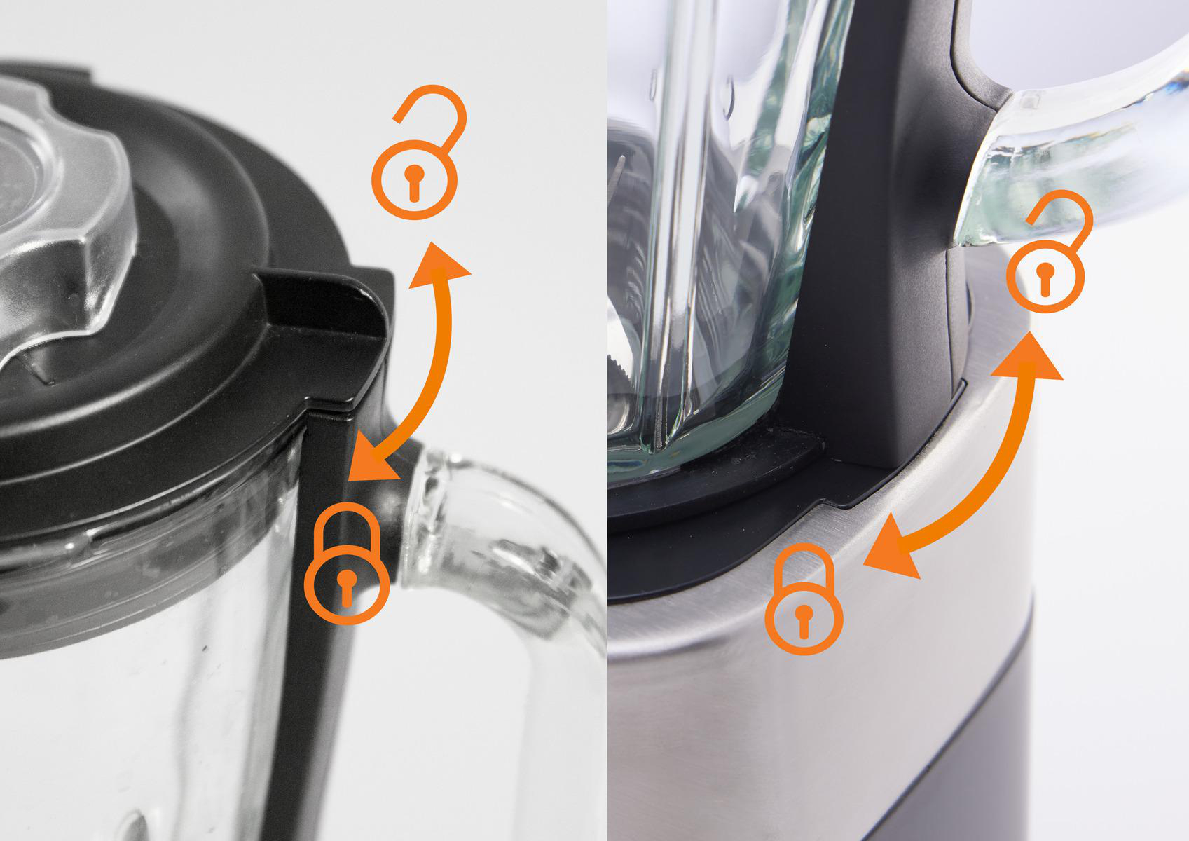 Nahaufnahme eines Mixers, der den Verriegelungsmechanismus mit orangefarbenen Pfeilen und Schlosssymbolen zeigt. Veranschaulicht das Öffnen und Schließen.