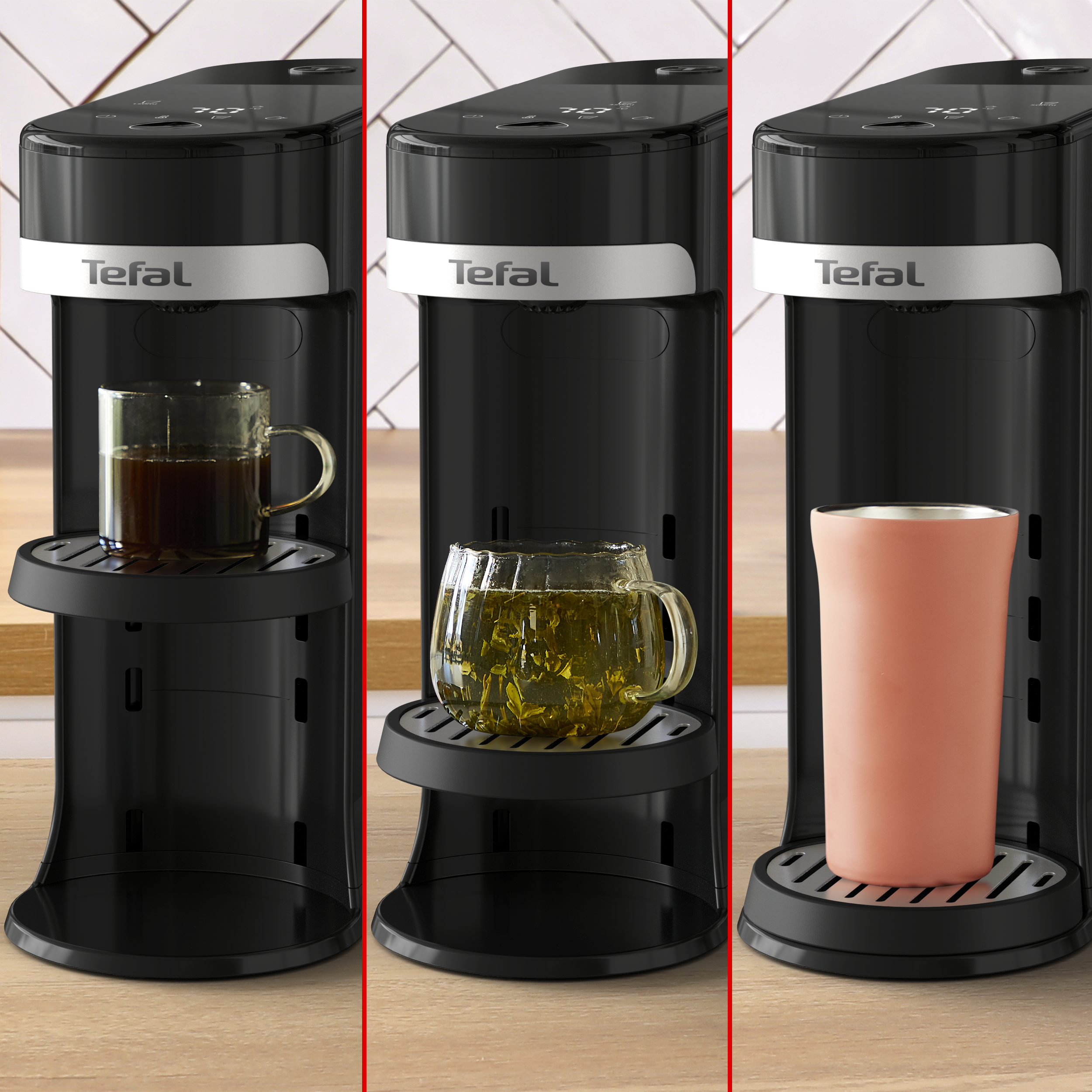 Egy fekete Tefal gép egy csésze kávéval, egy csésze teával és egy rózsaszín csészével.