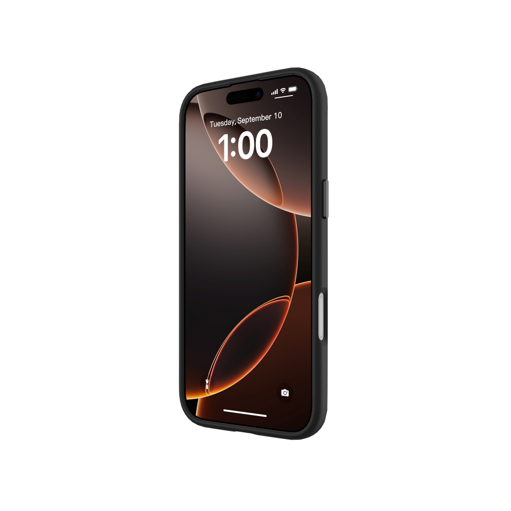 Egy fekete iPhone 1:00-t mutat szeptember 10-én, kedden. A képernyő narancs-fekete színátmenetes dizájnnal rendelkezik. A háttér fekete.