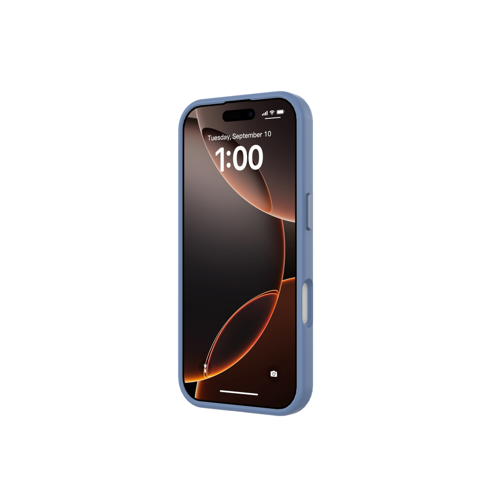 Kék tokban lévő iPhone, 1:00-t mutat szeptember 10-én. A háttér fekete.