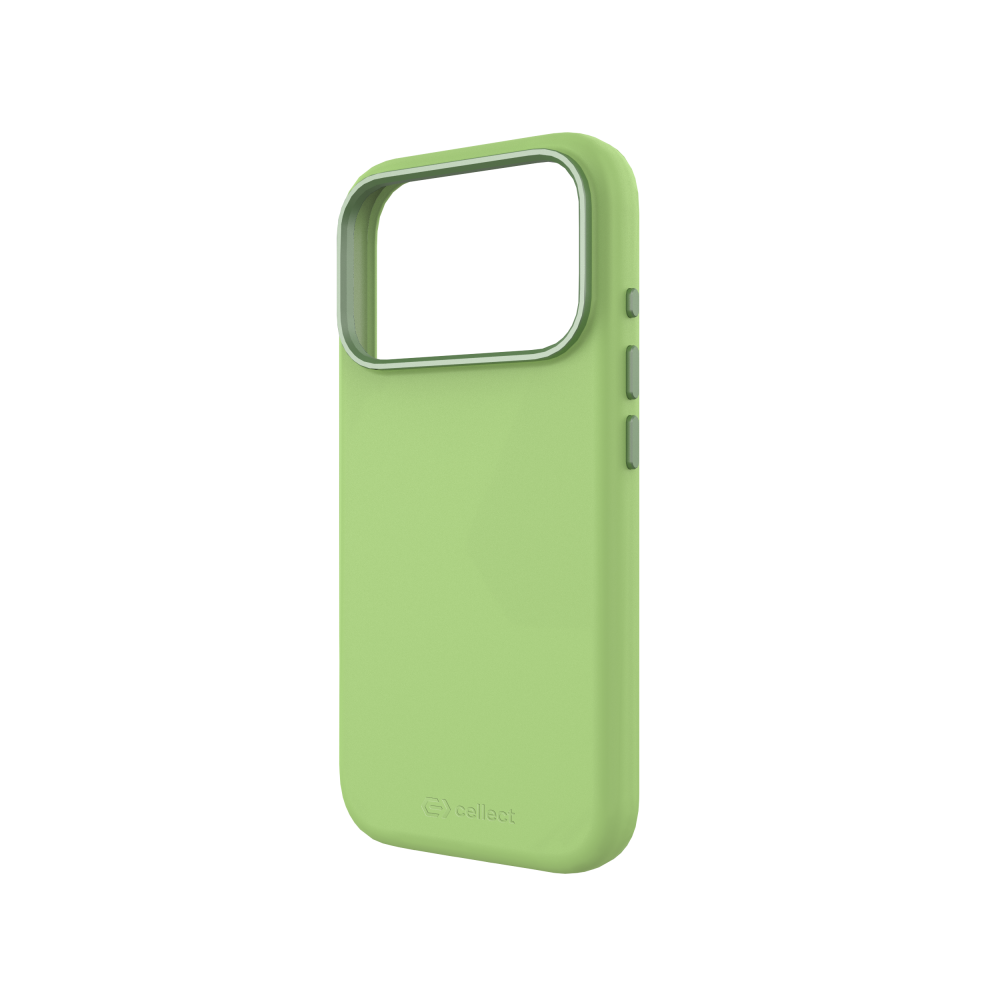 Zöld lime színű telefontok ezüst szegéllyel, enyhén szögben. A háttér fekete, kiemelve a tok alakját és dizájnját.