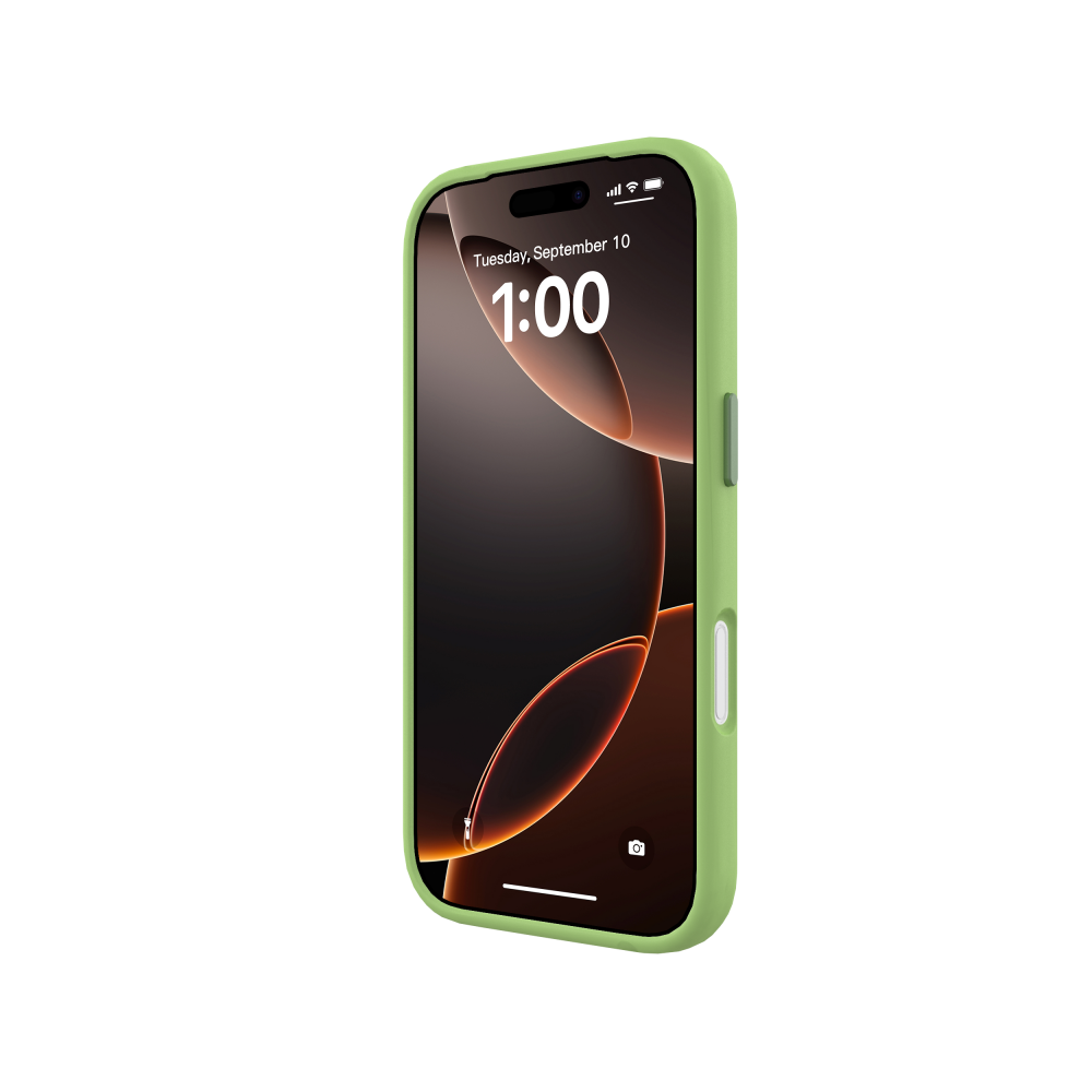 Egy zöld tokos iPhone. A képernyőn az idő és a dátum látható. A háttér fekete.