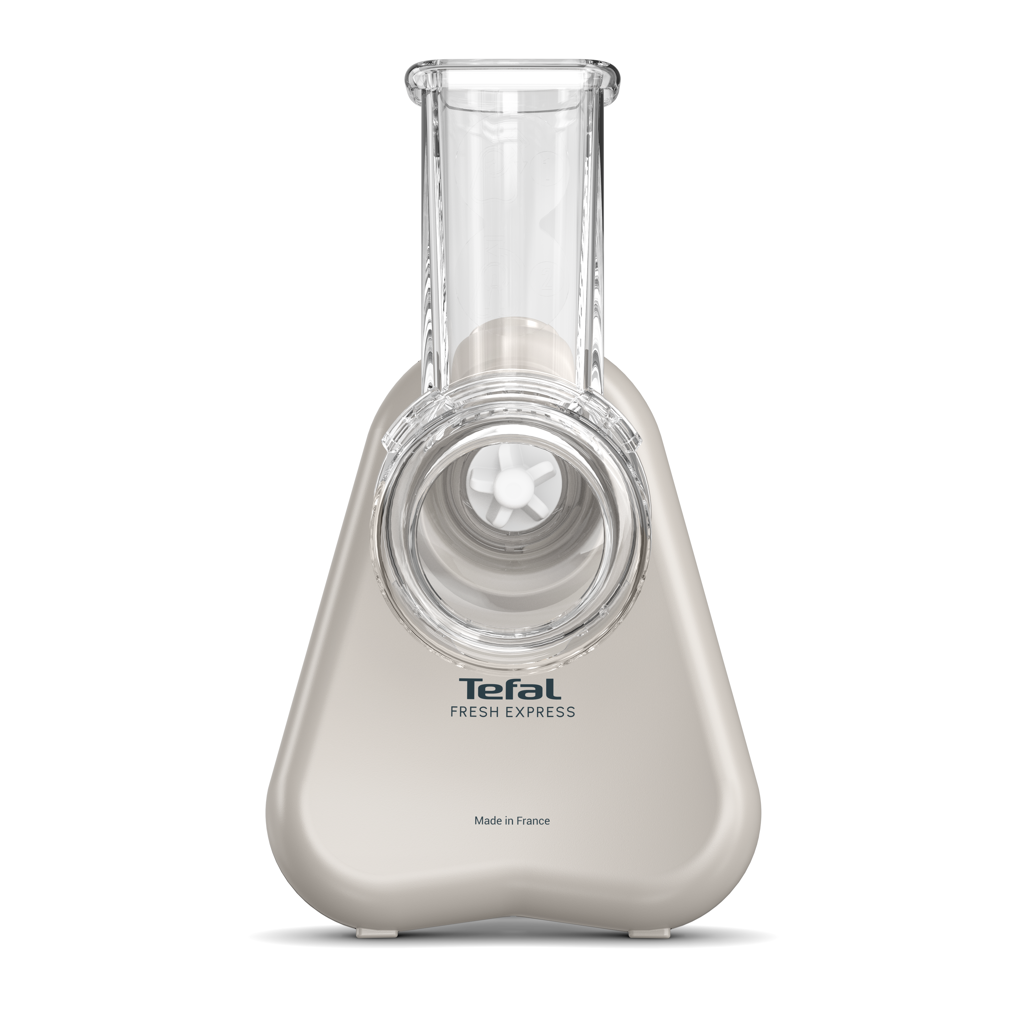 Egy ezüst-bézs Tefal Fresh Express konyhai robotgép. Átlátszó műanyag teteje és fehér alapja van.
