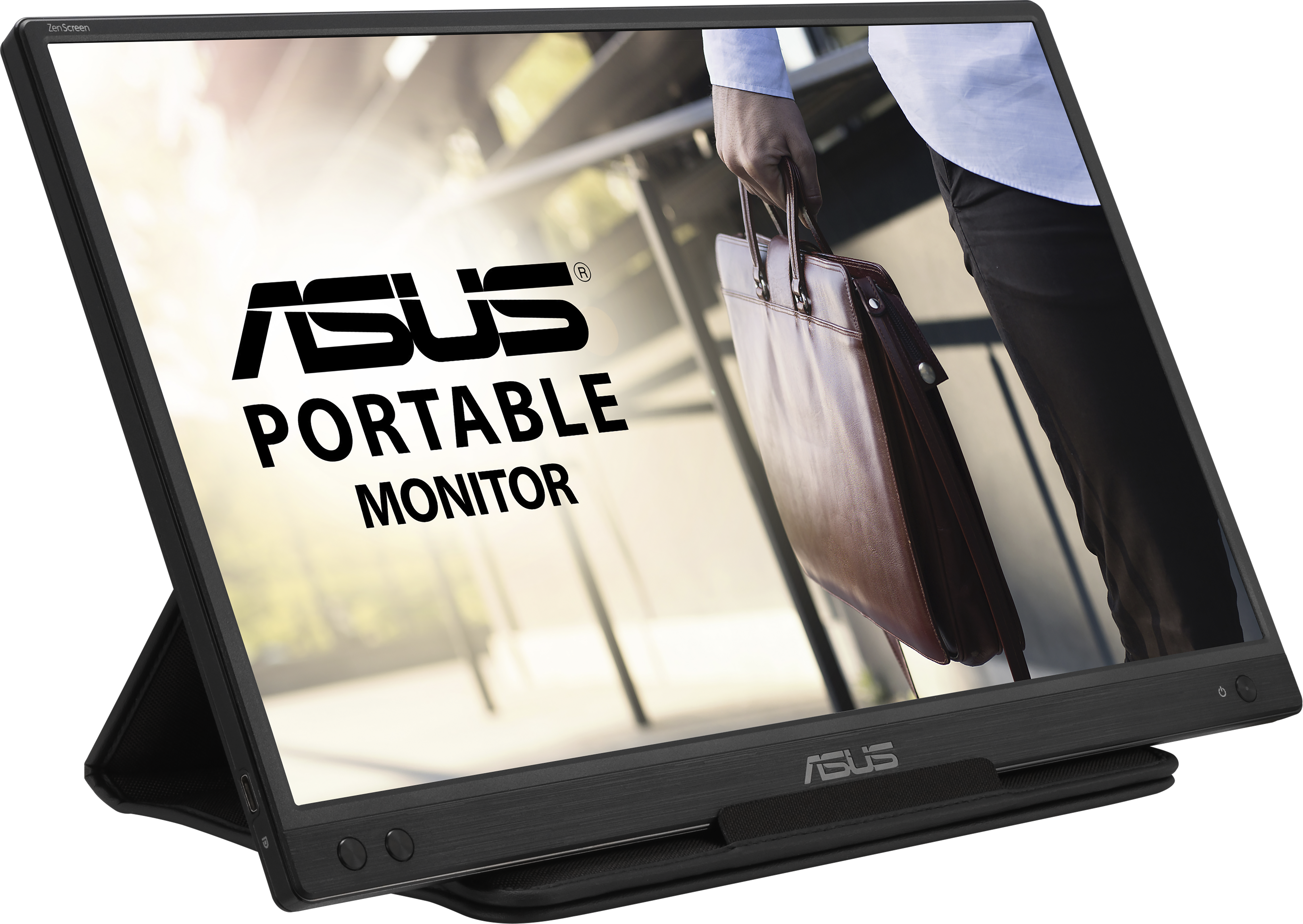 Un monitor portatile Asus mostra del testo. Una persona tiene una valigetta marrone, con sfondo luminoso.