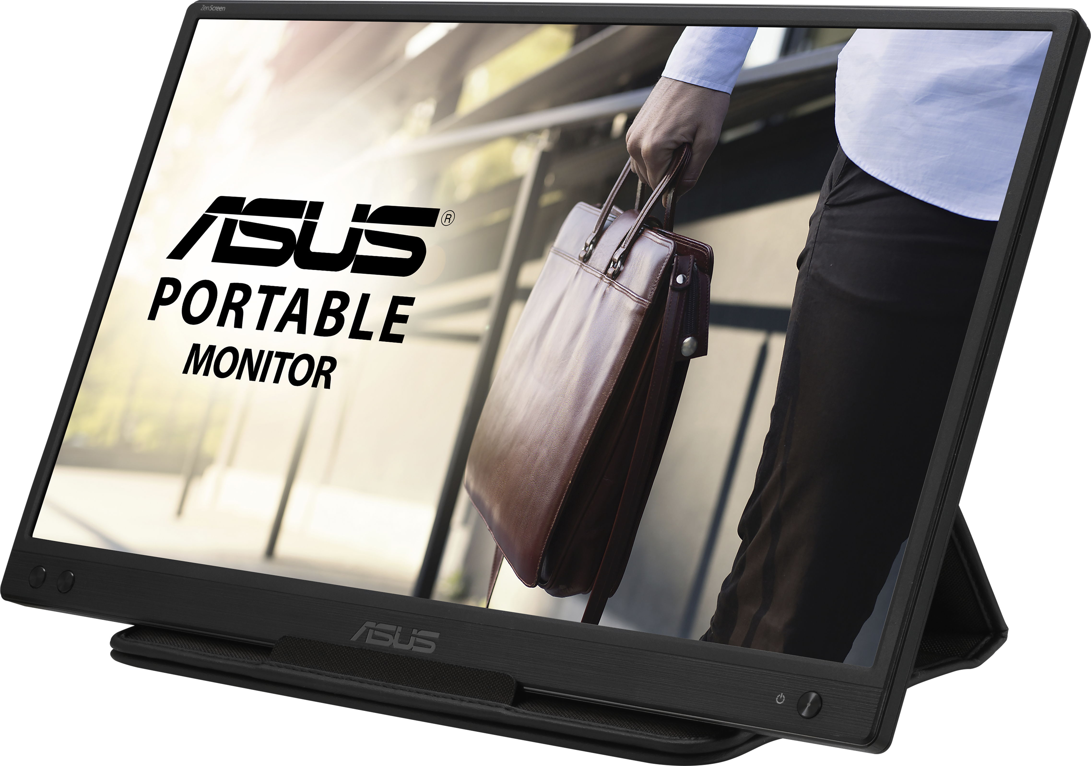 Un monitor ASUS portatile mostra una persona che tiene una valigetta marrone. Il monitor è nero e ha un supporto.