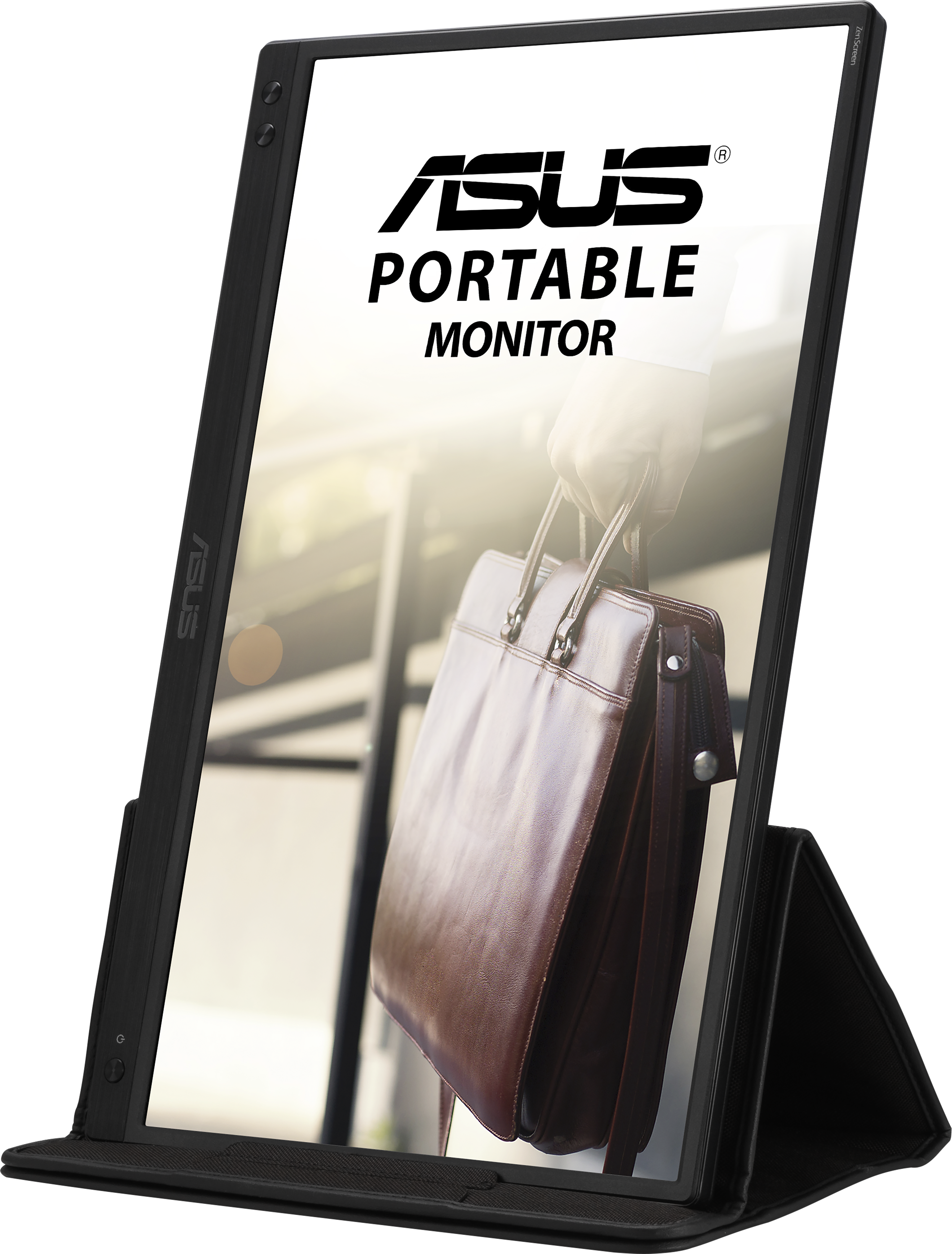 Il monitor portatile Asus mostra una borsa. Il monitor è appoggiato su un supporto nero.