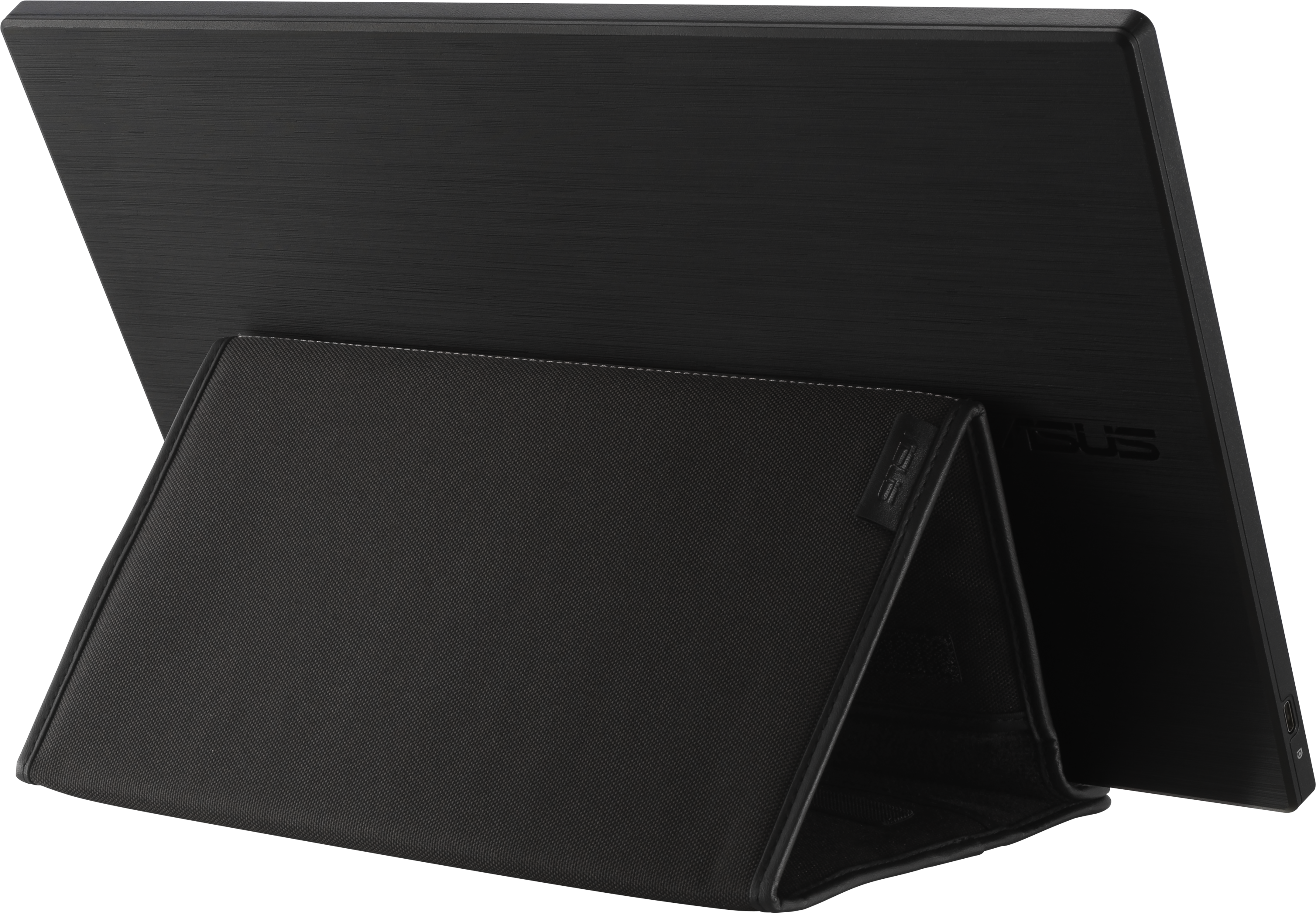 Un monitor nero, inclinato all'indietro, è supportato da un supporto nero pieghevole. Il logo ASUS è visibile.